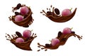 Purple grapes with black raisins in chocolate splashes on white background